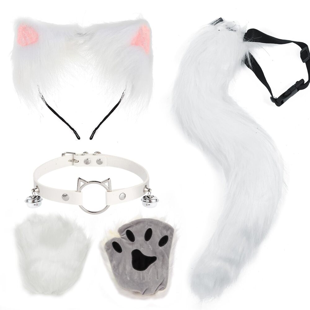 8579 4 Pcs Faux Fur Therian Mask And Tail Set For Halloween